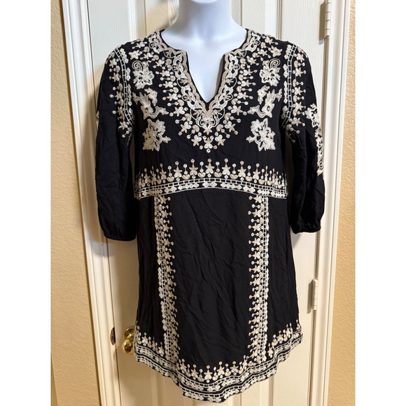 Maeve Anthropologie Embroidered Mini Dress Black Tunic Bohemian Chic Women - Picture 1 of 7